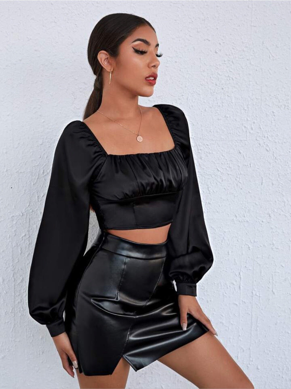 Women's Ruched Shirred Lantern Long Sleeve Square Neck Blouse Crop Satin Top Black Small - Legacy Boutiques