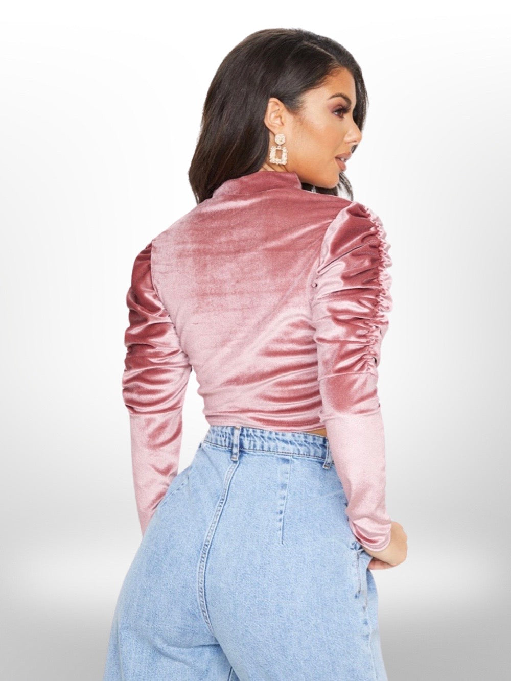 Women's Pink Velvet Puff Ruched Sleeve Crop Top - Legacy Boutiques