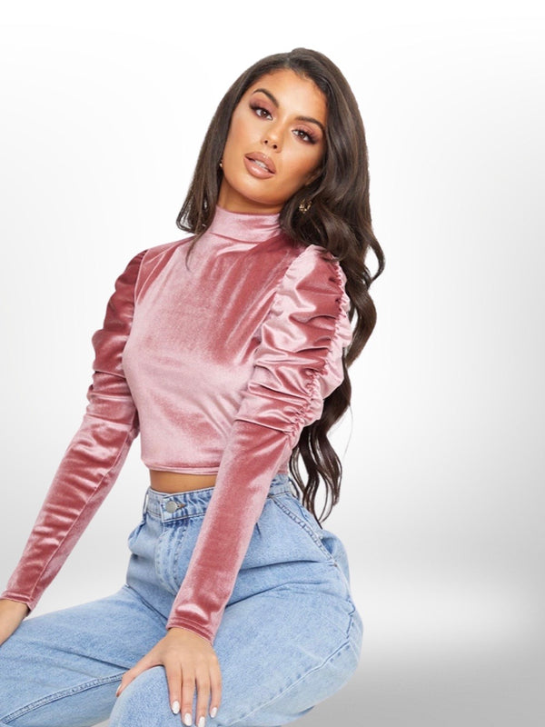 Women's Pink Velvet Puff Ruched Sleeve Crop Top - Legacy Boutiques