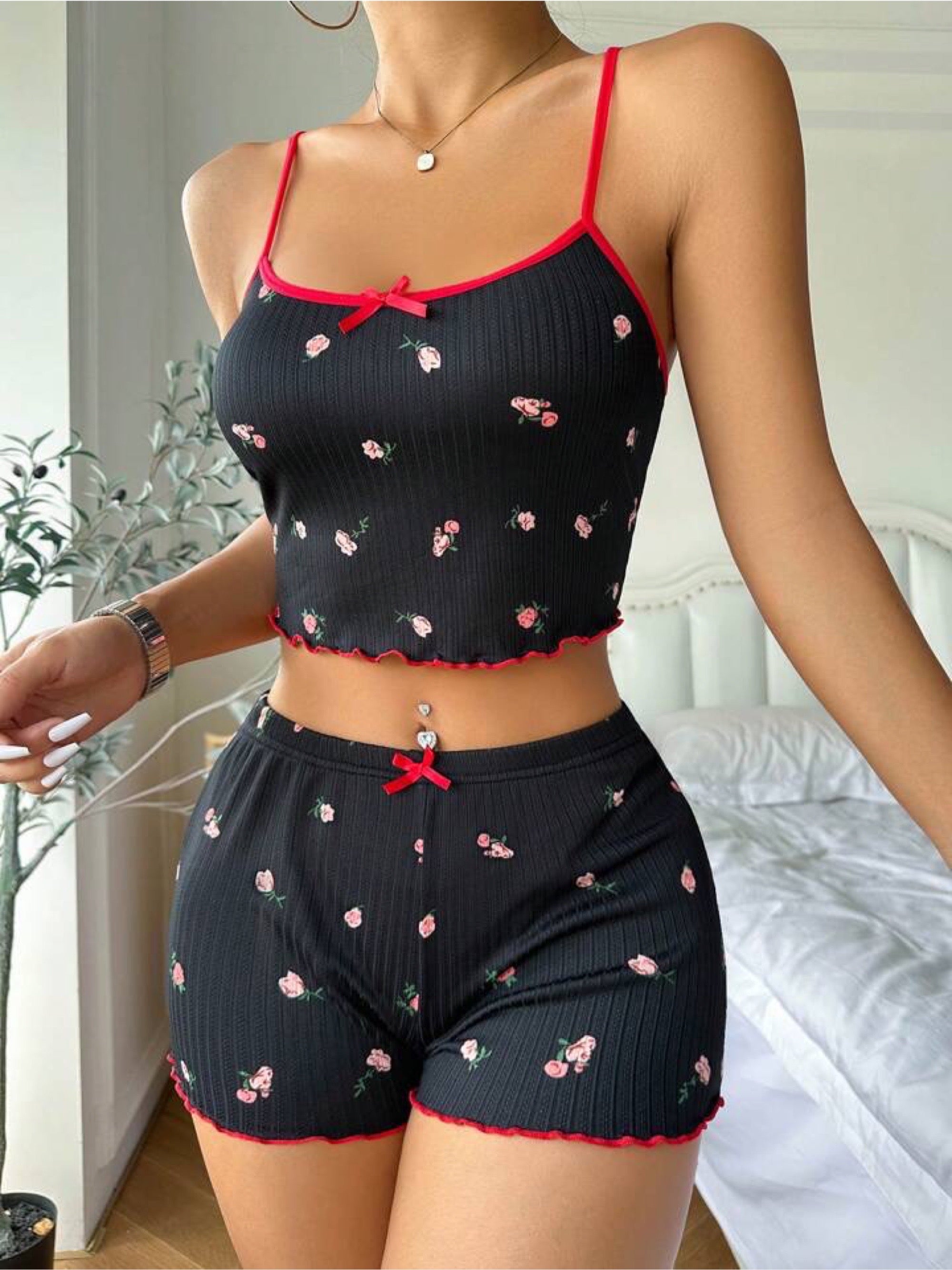 Temu Striped & Floral Print Crew Neck Bow Decor Lettuce Trim Sleepwear Pajama Women's Cami Top & Shorts PJ Set - Legacy Boutiques
