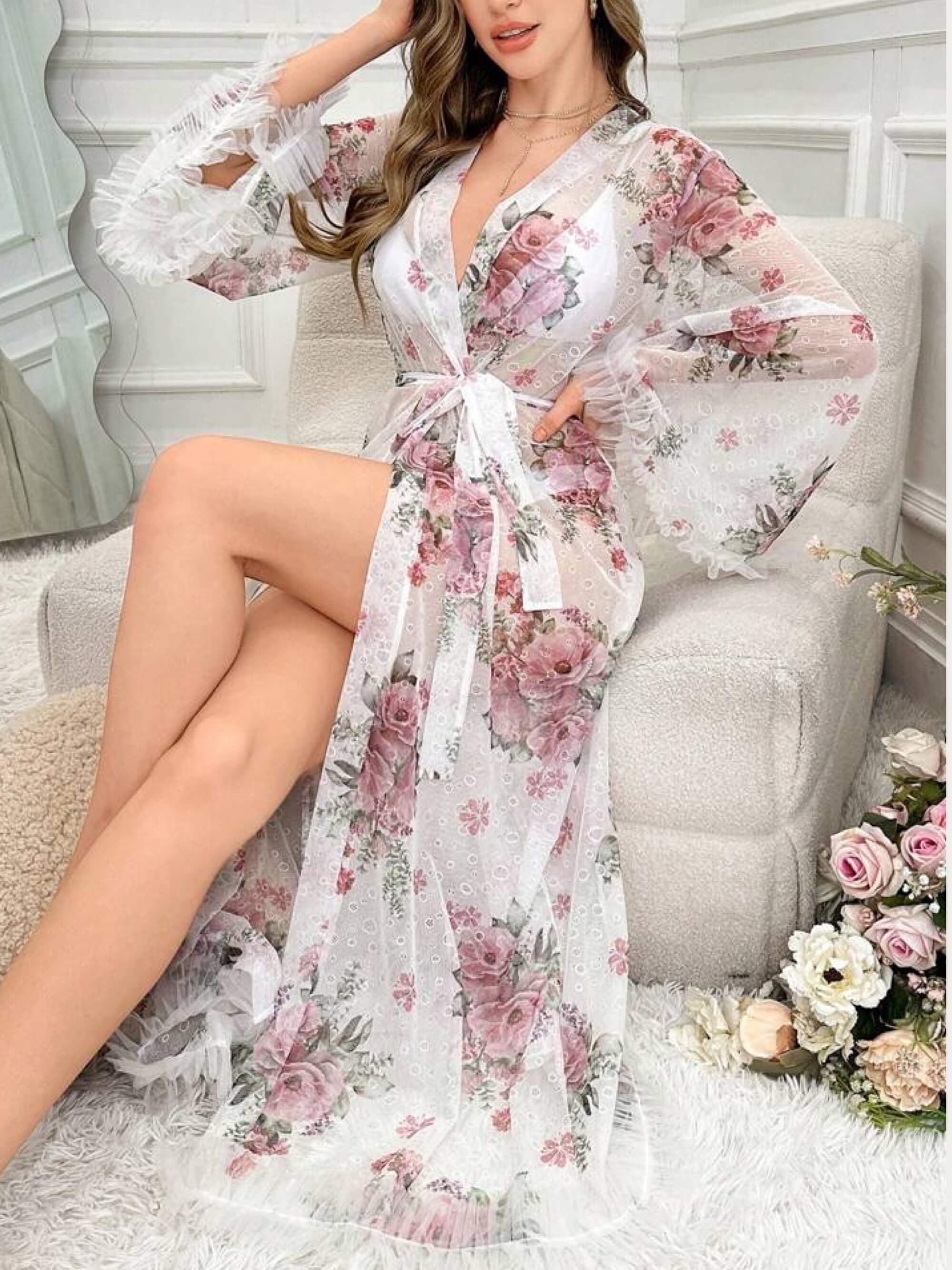 Floral Mesh Kimono Robe