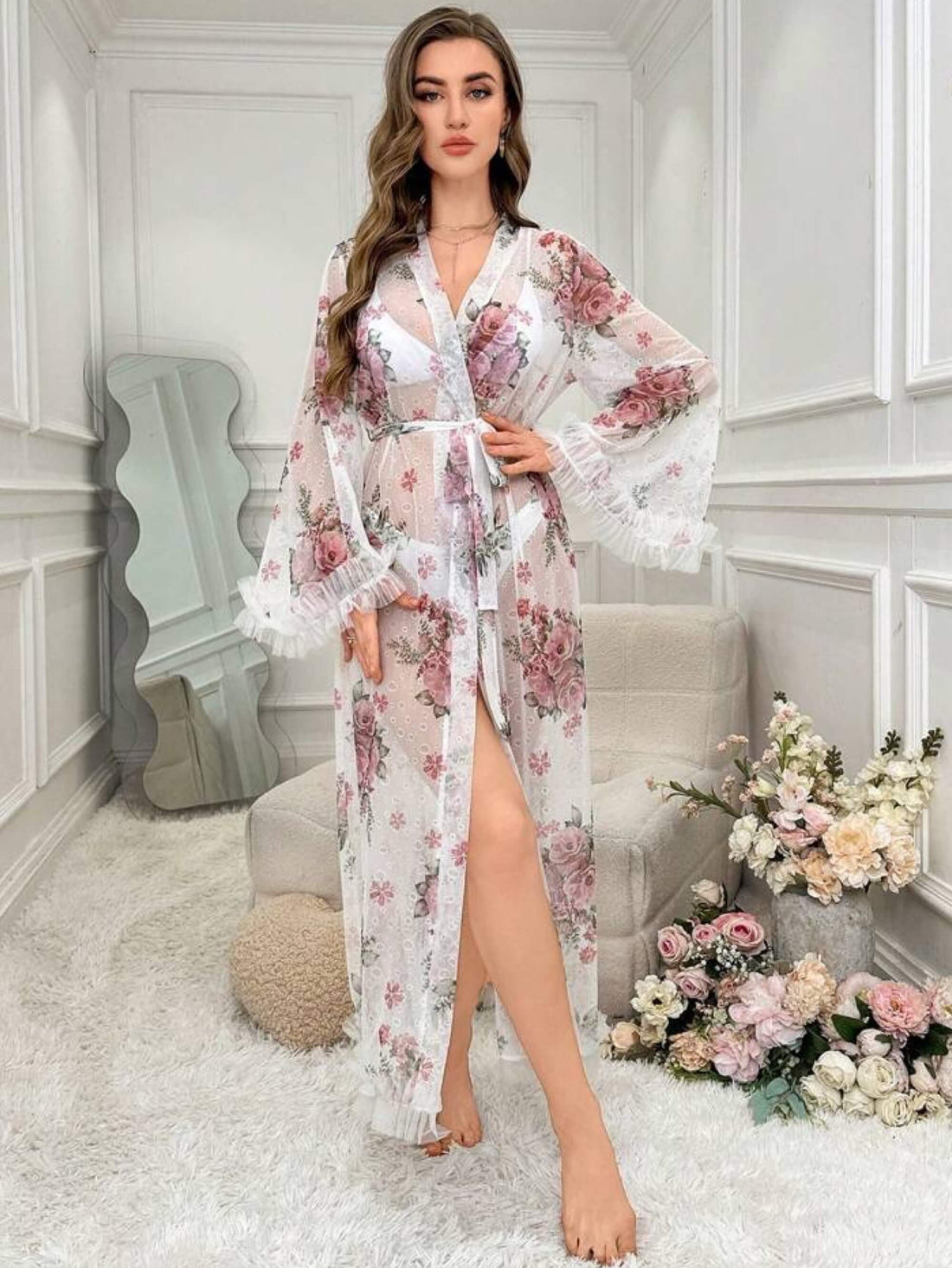 Floral Mesh Kimono Robe