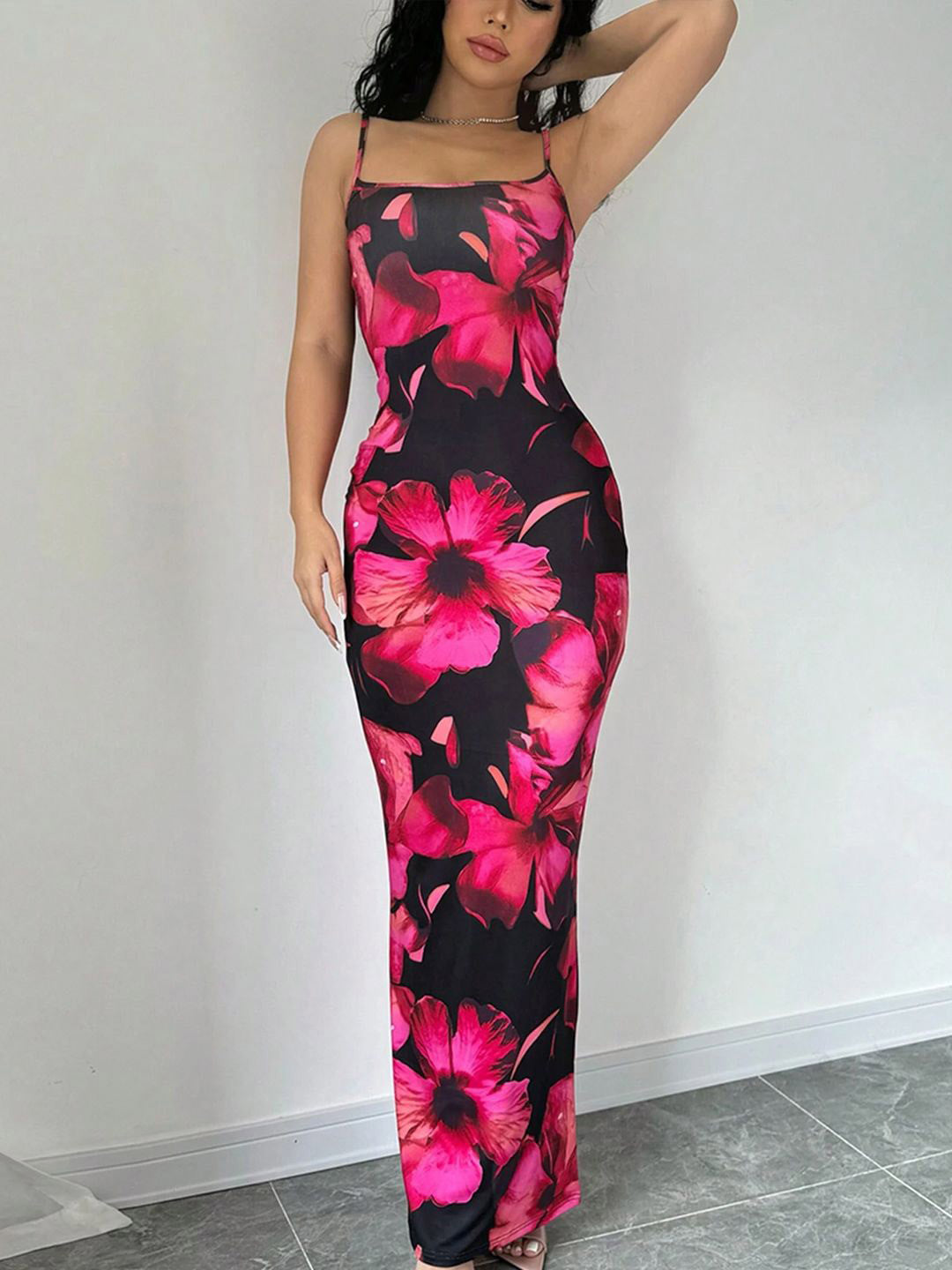 Womens Floral Bodycon Shoulder Straps Dress