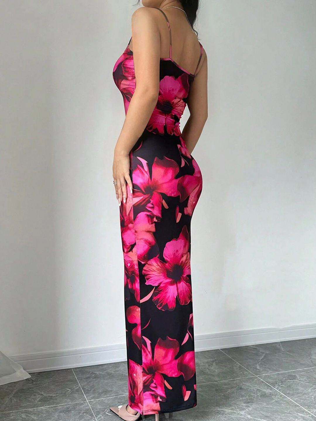 Womens Floral Bodycon Shoulder Straps Dress