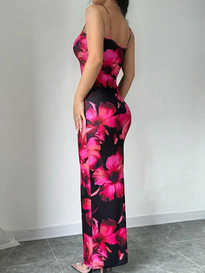 Womens Floral Bodycon Shoulder Straps Dress