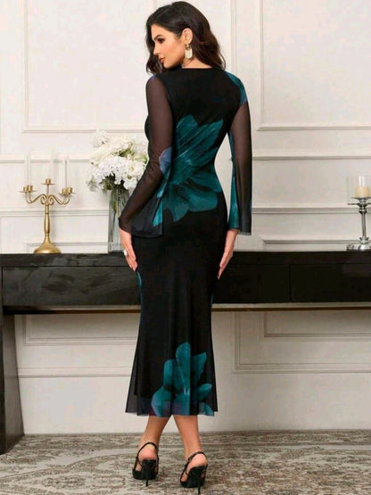 Floral Flared Full Sleeve Bodycon