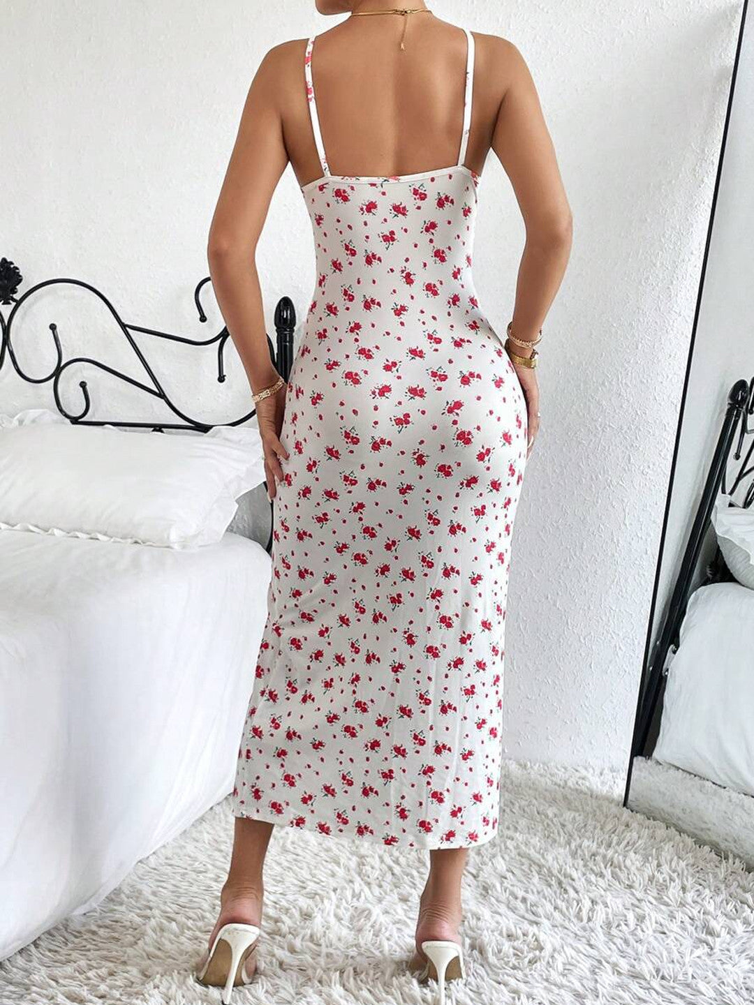 Ditsy Floral Print Knot Front Split Thigh Cami Dress