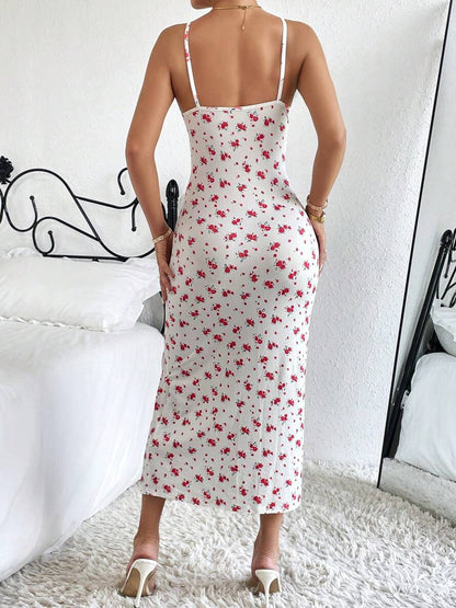 Ditsy Floral Print Knot Front Split Thigh Cami Dress