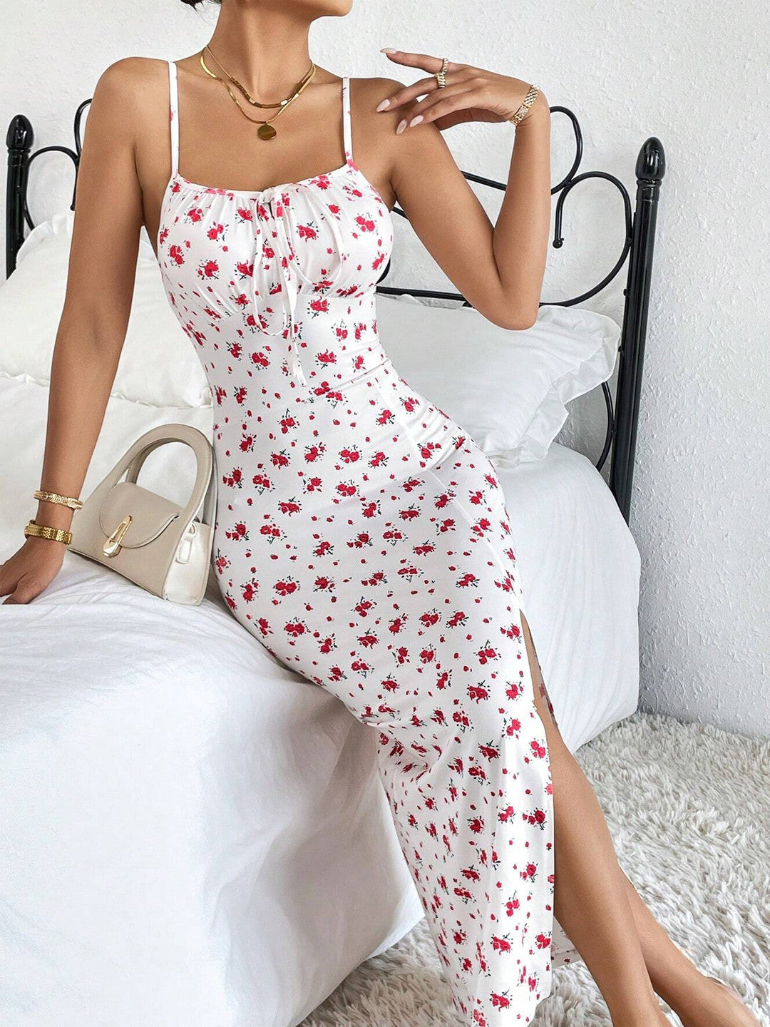 Ditsy Floral Print Knot Front Split Thigh Cami Dress