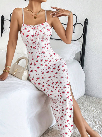 Ditsy Floral Print Knot Front Split Thigh Cami Dress