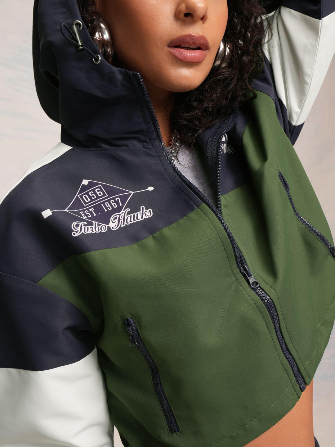 Womens Colourblocked Printed Crop Zip Up Jacket