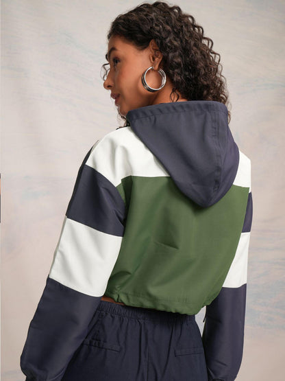 Womens Colourblocked Printed Crop Zip Up Jacket