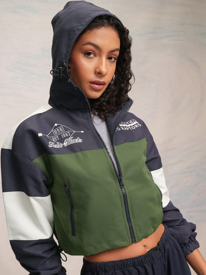 Womens Colourblocked Printed Crop Zip Up Jacket