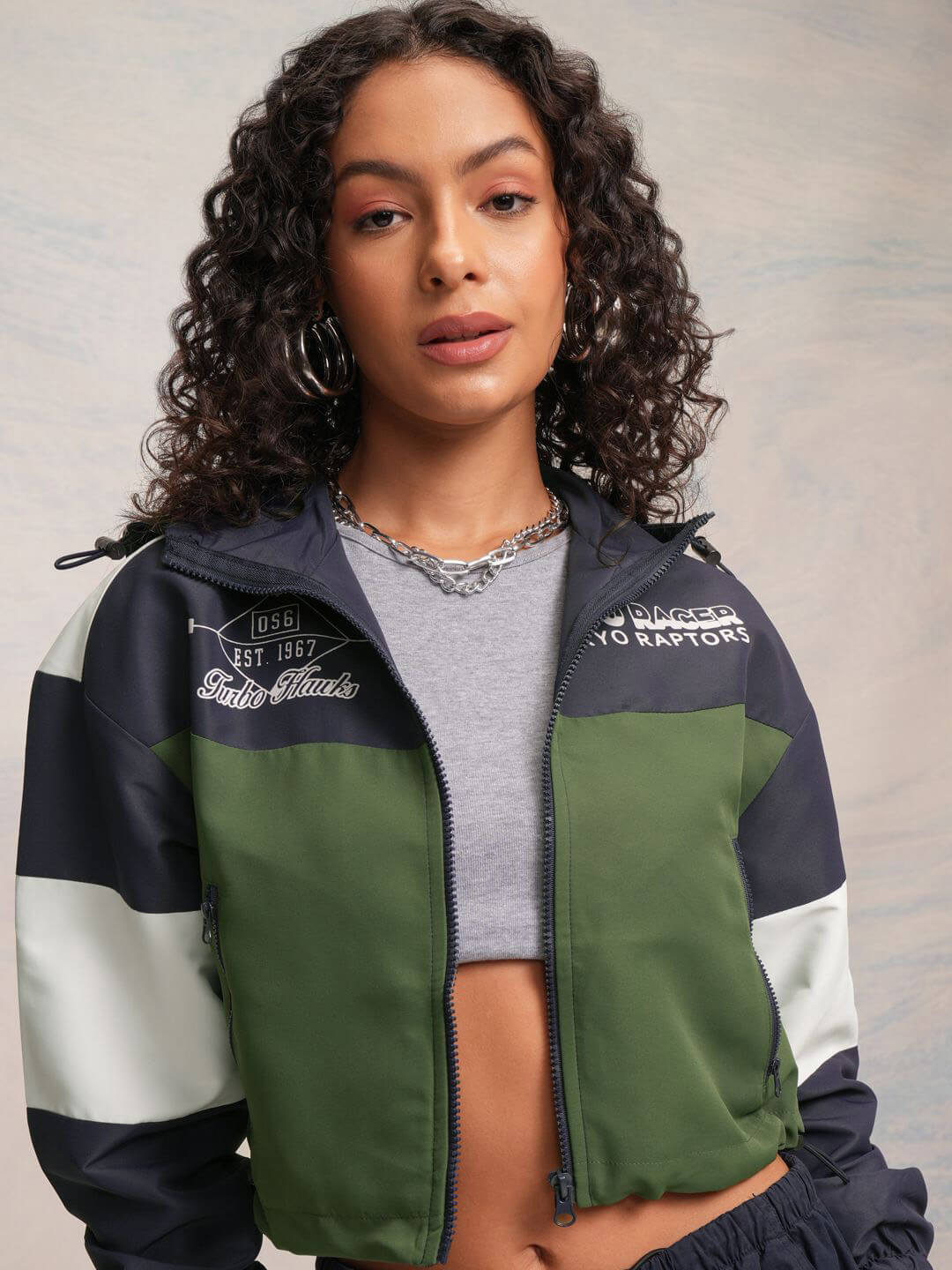 Womens Colourblocked Printed Crop Zip Up Jacket
