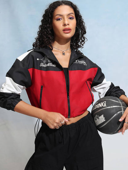 Womens Colourblocked Printed Crop Zip Up Jacket