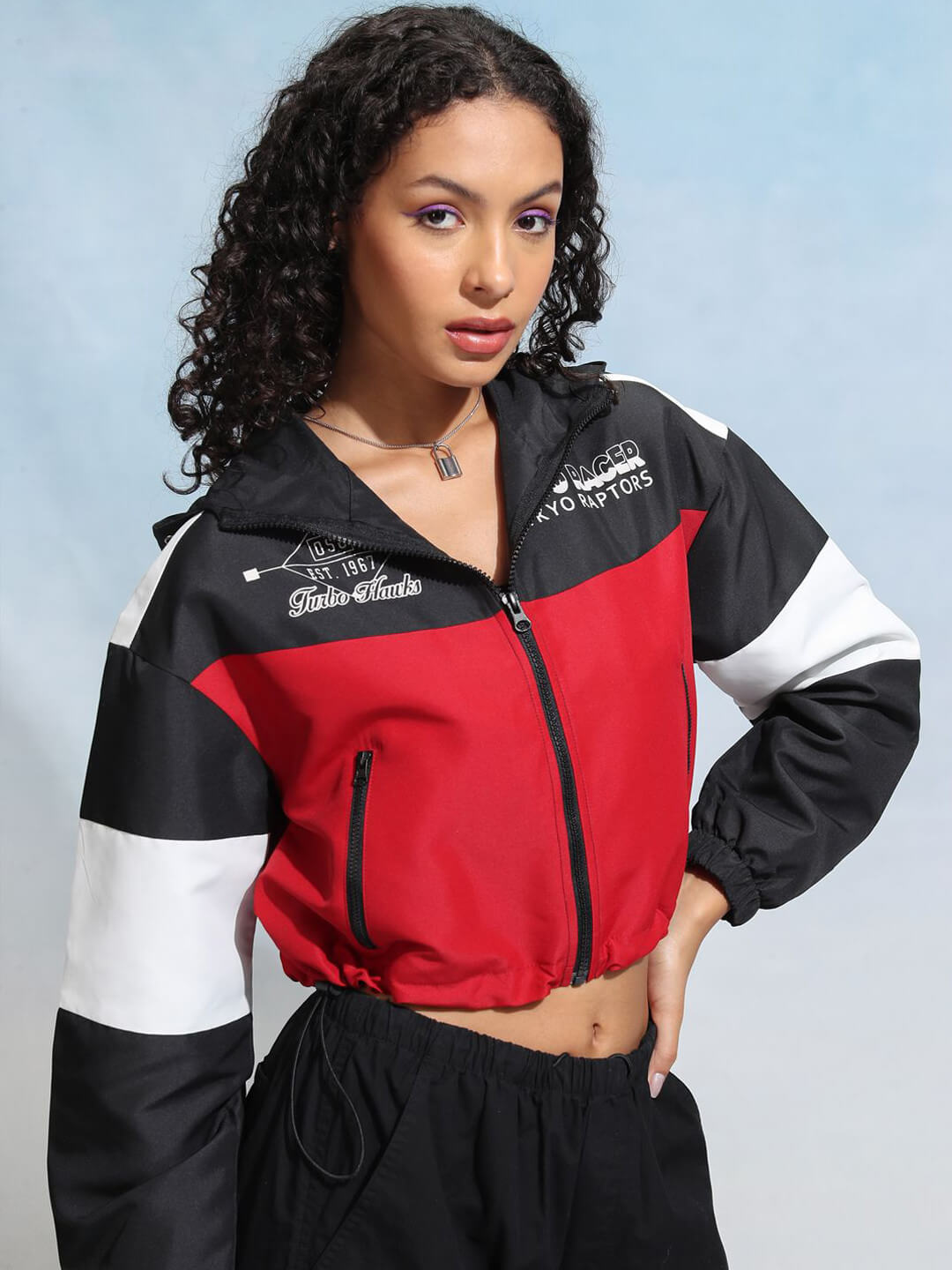 Womens Colourblocked Printed Crop Zip Up Jacket