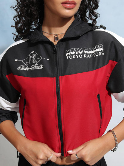 Womens Colourblocked Printed Crop Zip Up Jacket