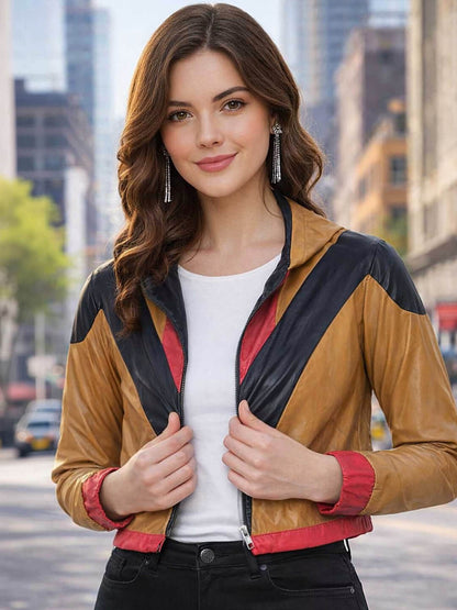 Womens Colourblocked Hooded Water Resistant Crop Jacket