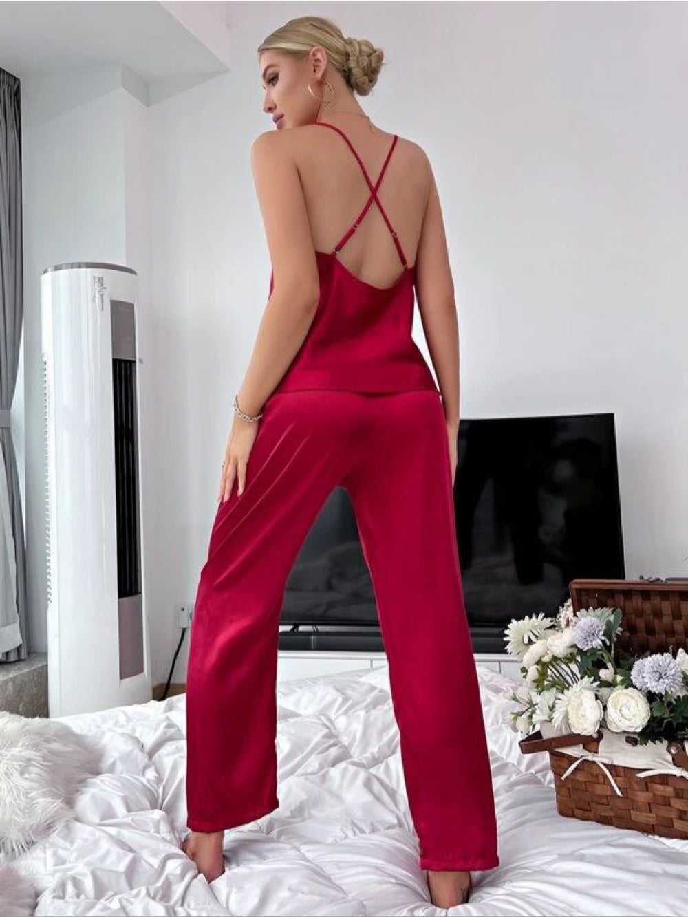 Solid Color Cross Back Top and Pajama Basic Lounge Set for Women - Legacy Boutiques