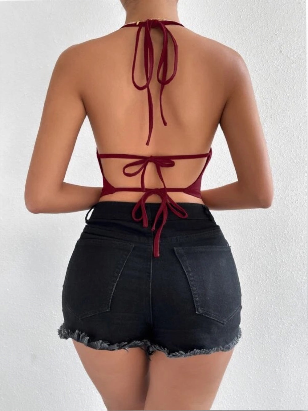 Draped Neck Tie Backless Halter Top - Legacy Boutiques