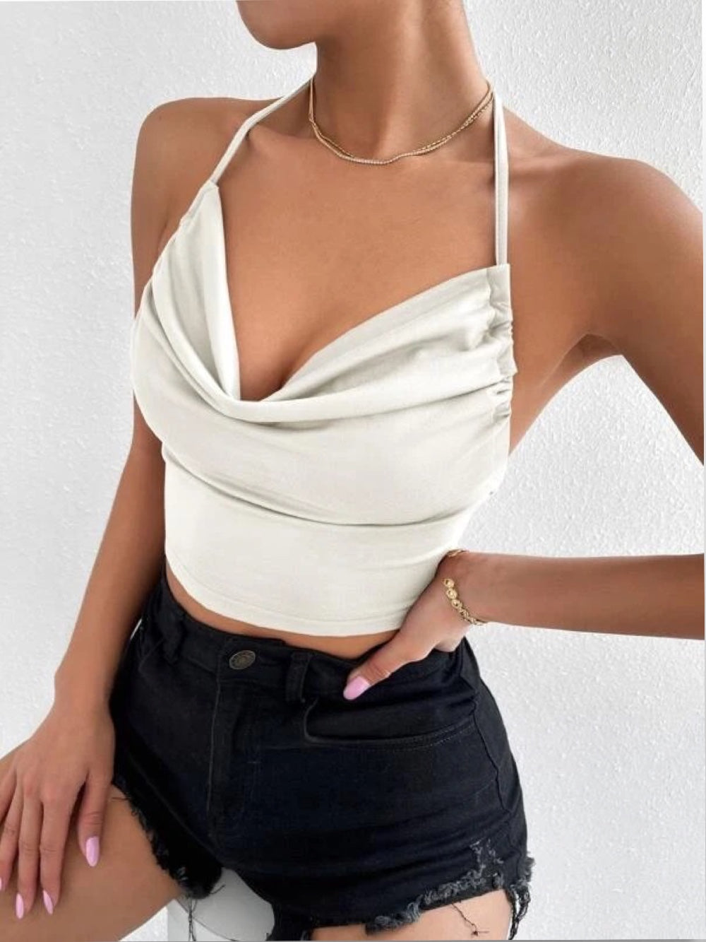 Draped Neck Tie Backless Halter Top - Legacy Boutiques