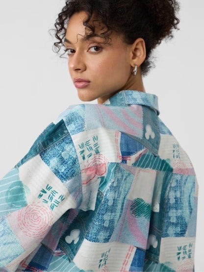 Artisan Mickey Mouse Patchwork Print Oversized Shirt - Blue/Pink Sale