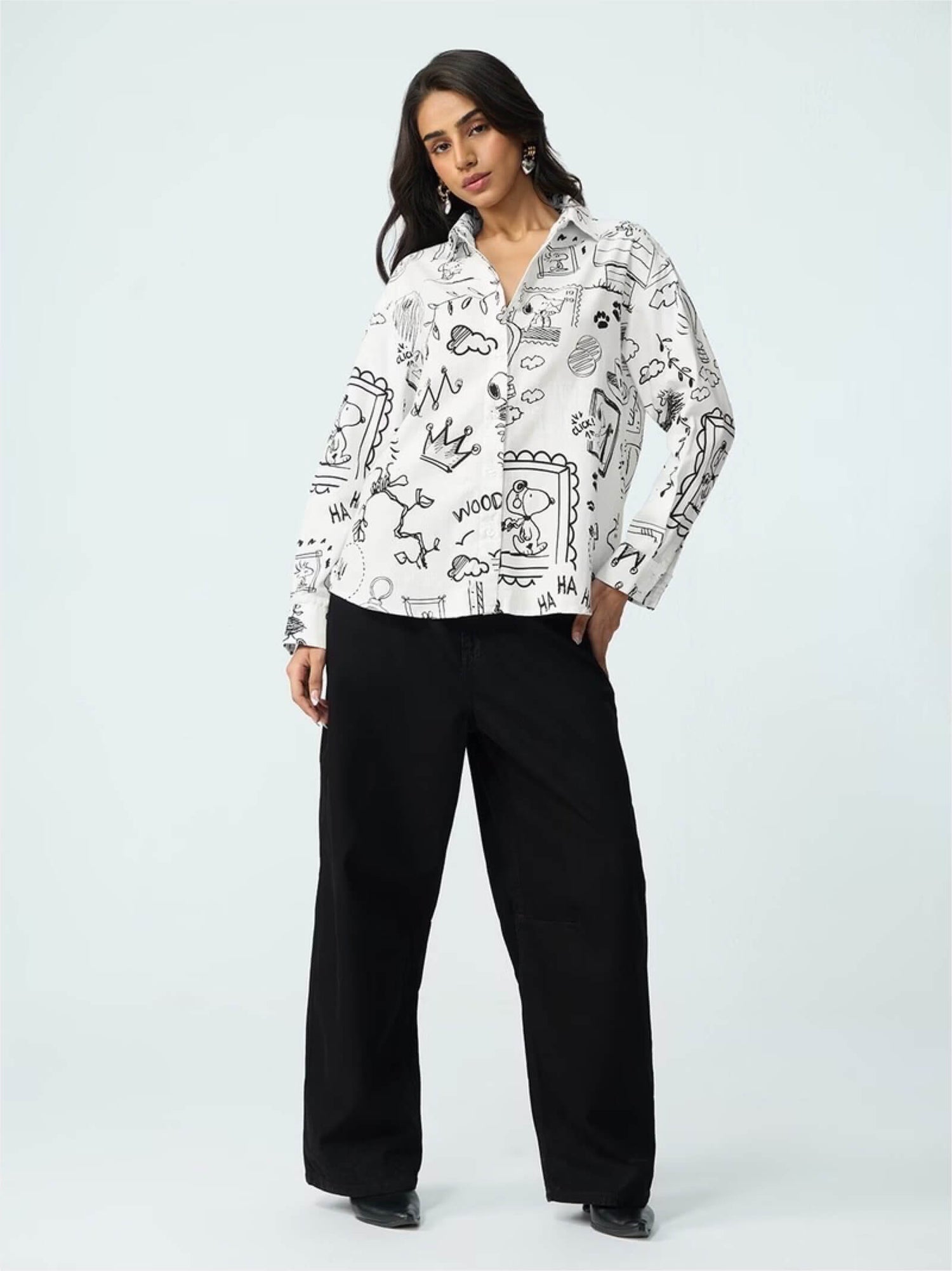 Peanuts Sketch Art Button-Down - Snoopy &amp; Woodstock Illustrated White Shirt