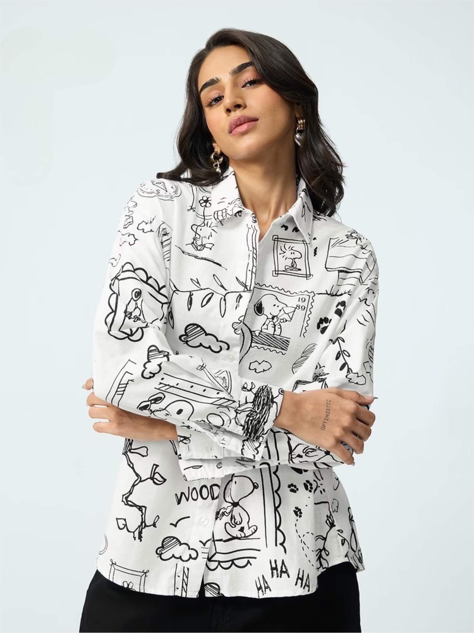 Peanuts Sketch Art Button-Down - Snoopy &amp; Woodstock Illustrated White Shirt