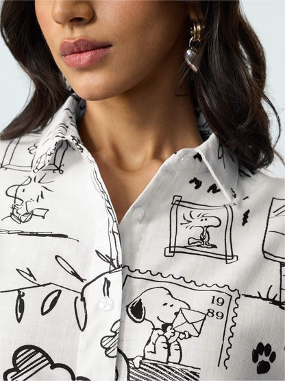 Peanuts Sketch Art Button-Down - Snoopy &amp; Woodstock Illustrated White Shirt