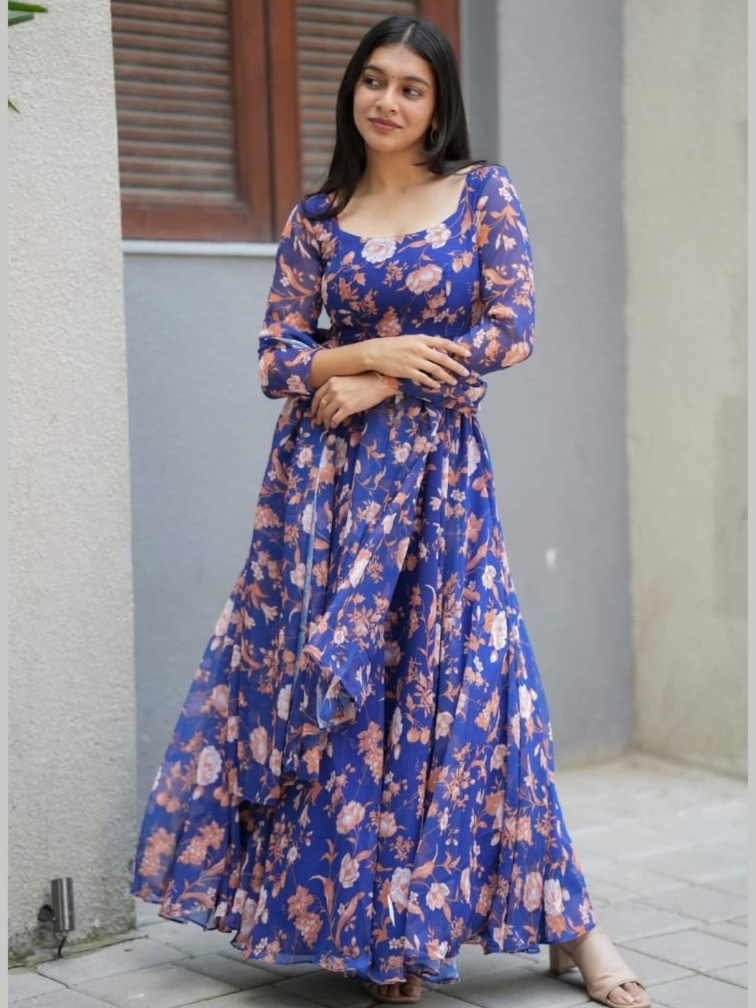 Aarvi Premium Anarkali Long Sleeve Teal Floral 2 pis Gown Legacy Boutiques Legacy Boutiques