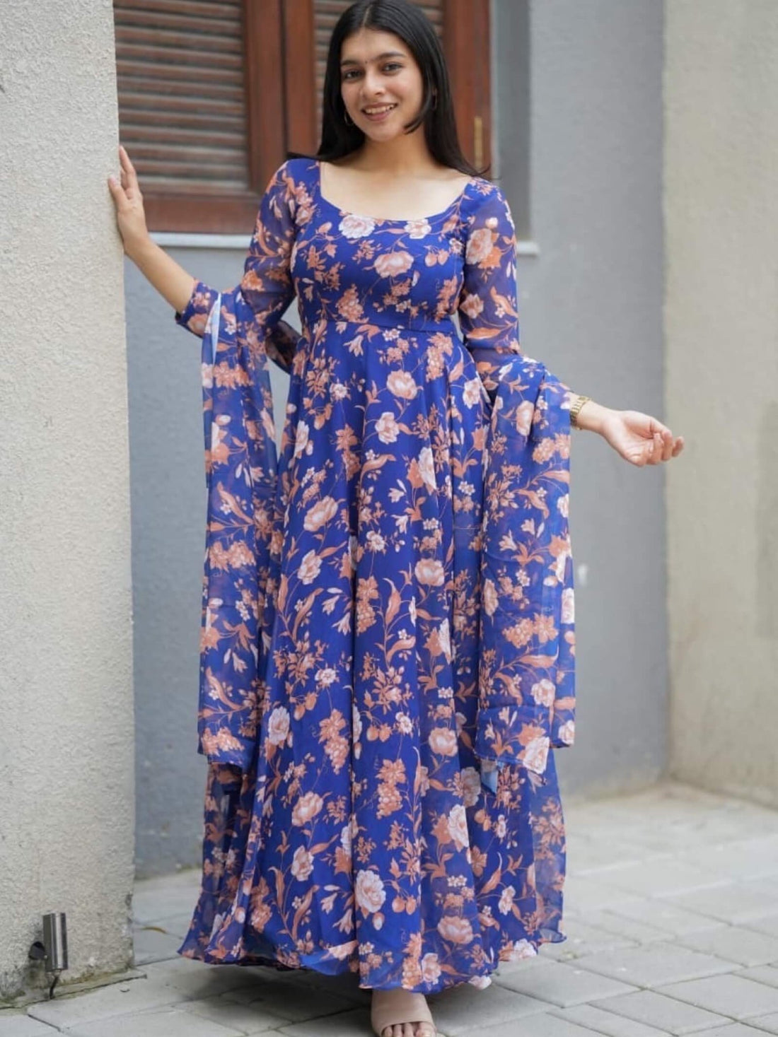 Aarvi Premium Anarkali Long Sleeve Teal Floral 2 pis Gown Legacy Boutiques Legacy Boutiques