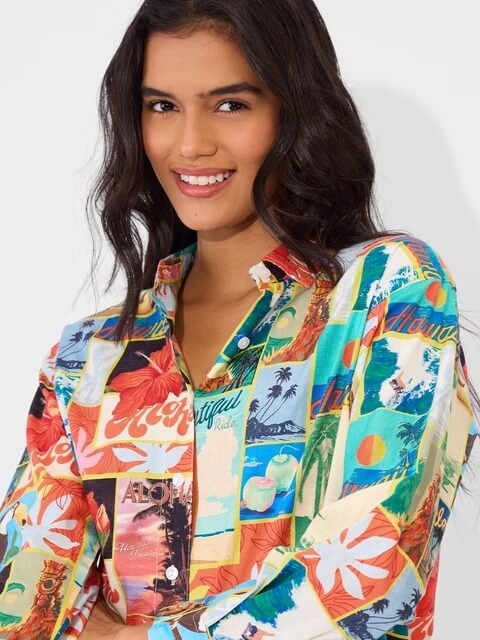 Aloha Postcard Print Cotton Button - Down Shirt - Tropical Vintage Patchwork Legacy Boutiques Legacy Boutiques