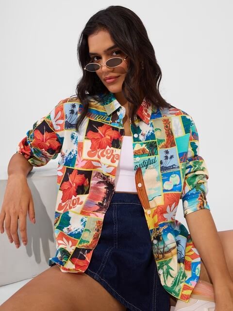 Aloha Postcard Print Cotton Button - Down Shirt - Tropical Vintage Patchwork Legacy Boutiques Legacy Boutiques