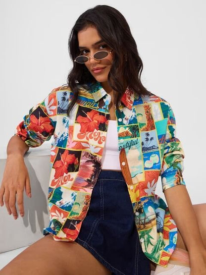 Aloha Postcard Print Cotton Button - Down Shirt - Tropical Vintage Patchwork Legacy Boutiques Legacy Boutiques