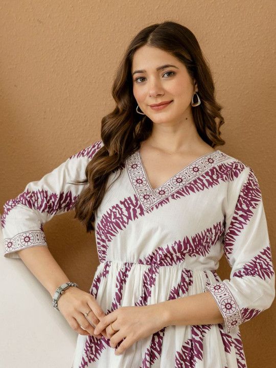 Amara Purple Stripe V - Neck Printed Gown Dress - White &amp; Violet Flare Legacy Boutiques Legacy Boutiques