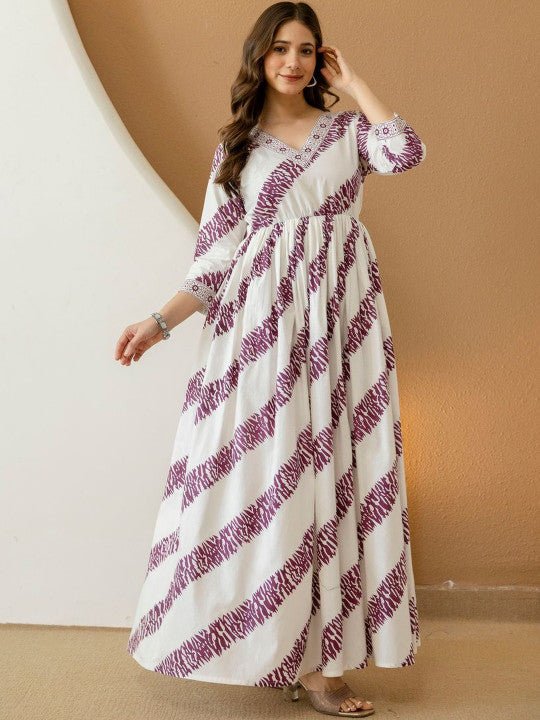 Amara Purple Stripe V - Neck Printed Gown Dress - White &amp; Violet Flare Legacy Boutiques Legacy Boutiques