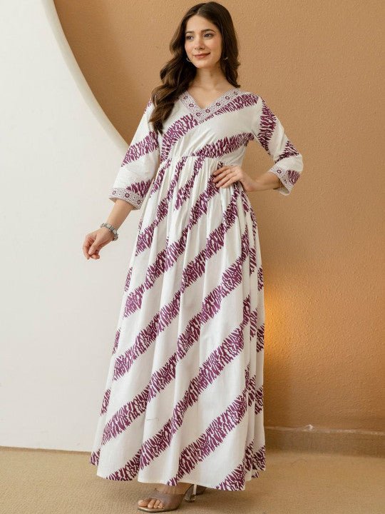 Amara Purple Stripe V - Neck Printed Gown Dress - White &amp; Violet Flare Legacy Boutiques Legacy Boutiques
