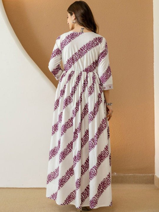 Amara Purple Stripe V - Neck Printed Gown Dress - White &amp; Violet Flare Legacy Boutiques Legacy Boutiques