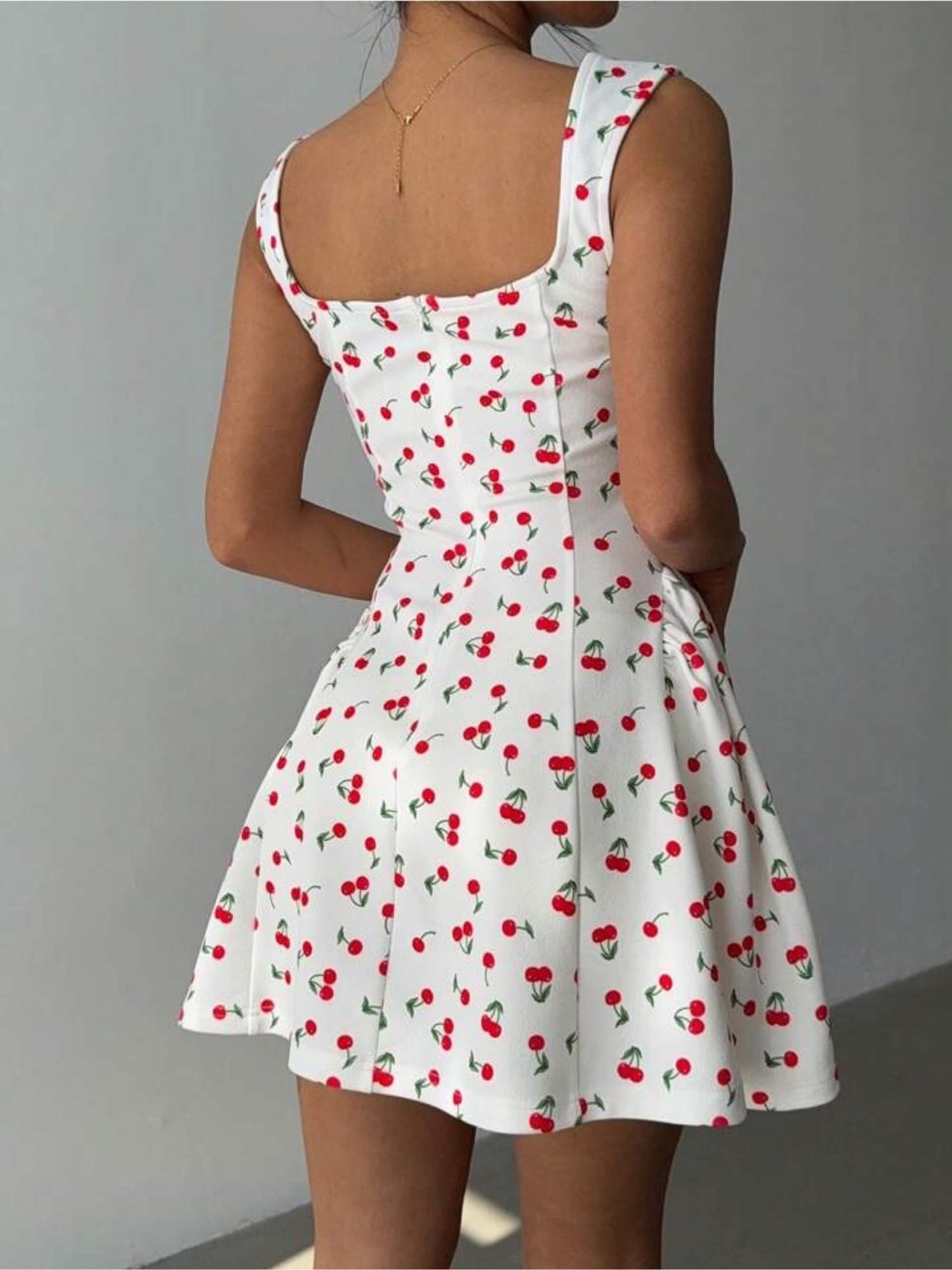Amore Cherry Print Skater Dress - White Sleeveless Square Neck Mini Legacy Boutiques Legacy Boutiques
