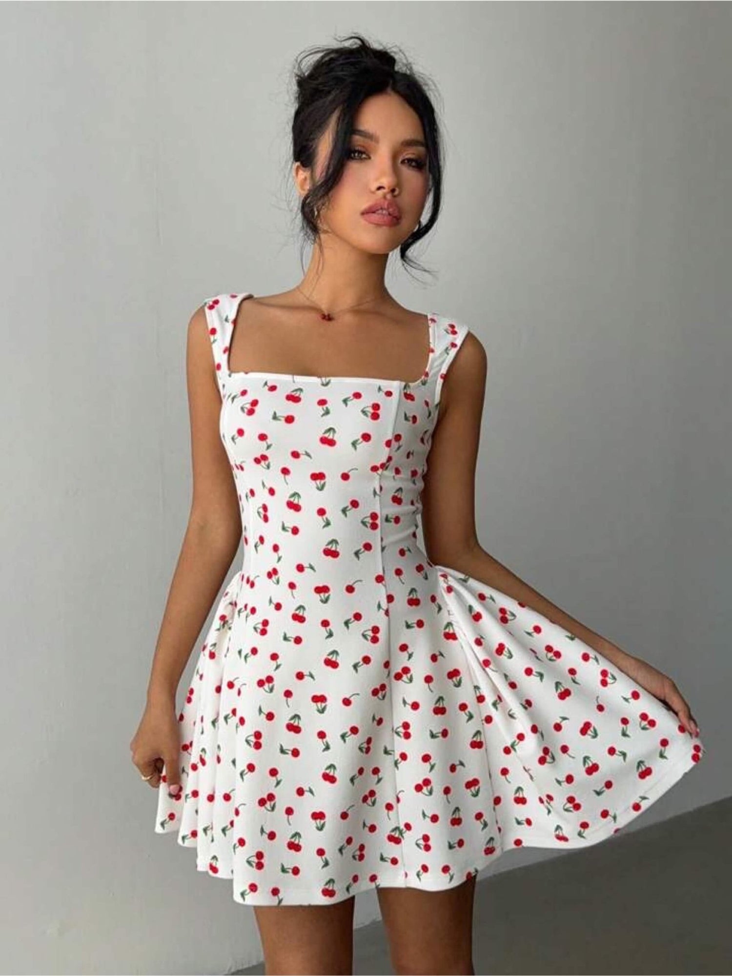 Amore Cherry Print Skater Dress - White Sleeveless Square Neck Mini Amore Cherry Print Skater Dress - White Sleeveless Square Neck Mini