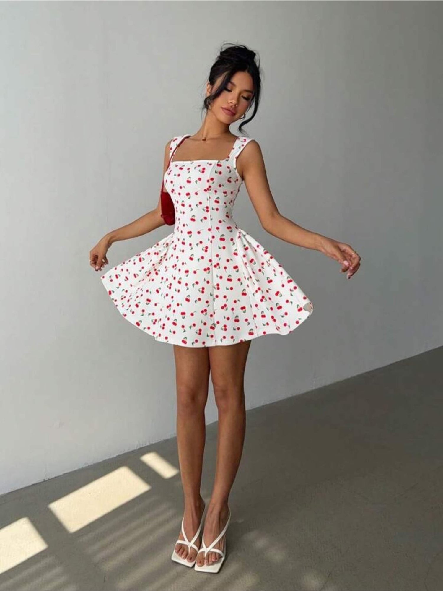 Amore Cherry Print Skater Dress - White Sleeveless Square Neck Mini Amore Cherry Print Skater Dress - White Sleeveless Square Neck Mini