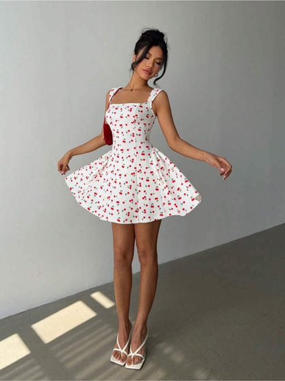 Amore Cherry Print Skater Dress - White Sleeveless Square Neck Mini Legacy Boutiques Legacy Boutiques