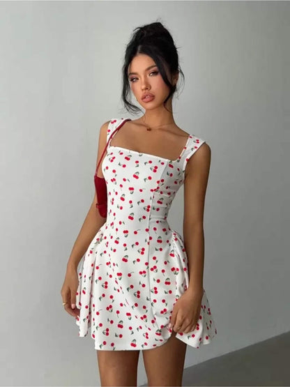 Amore Cherry Print Skater Dress - White Sleeveless Square Neck Mini Legacy Boutiques Legacy Boutiques