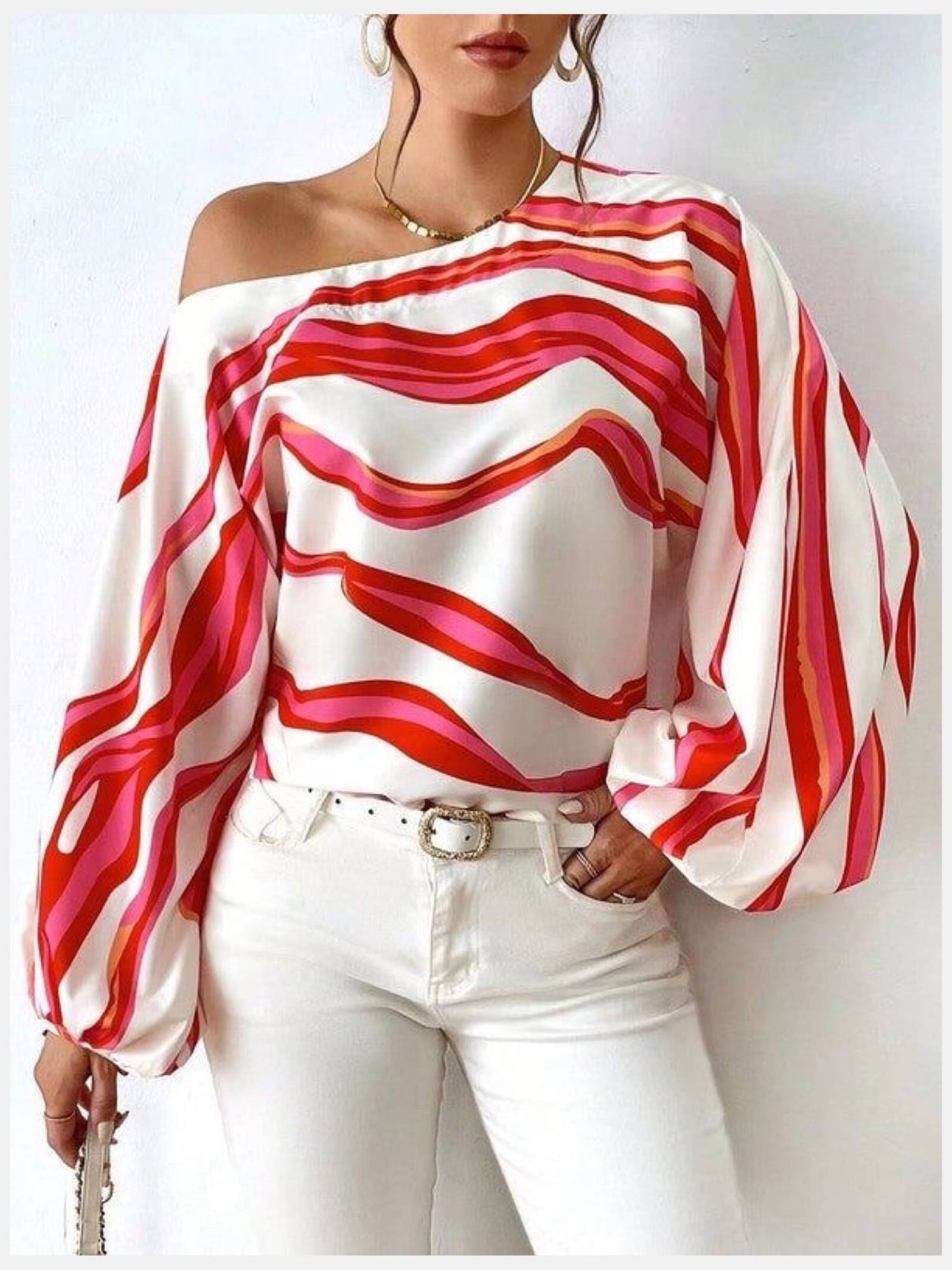 Aurora Wave One - Shoulder Tops - Red &amp; Blue Abstract Striped Balloon Sleeve Top Legacy Boutiques Legacy Boutiques