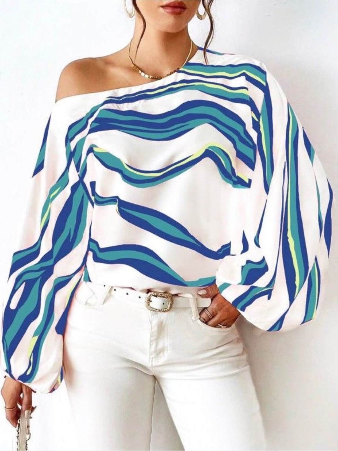 Aurora Wave One - Shoulder Tops - Red &amp; Blue Abstract Striped Balloon Sleeve Top Legacy Boutiques Legacy Boutiques
