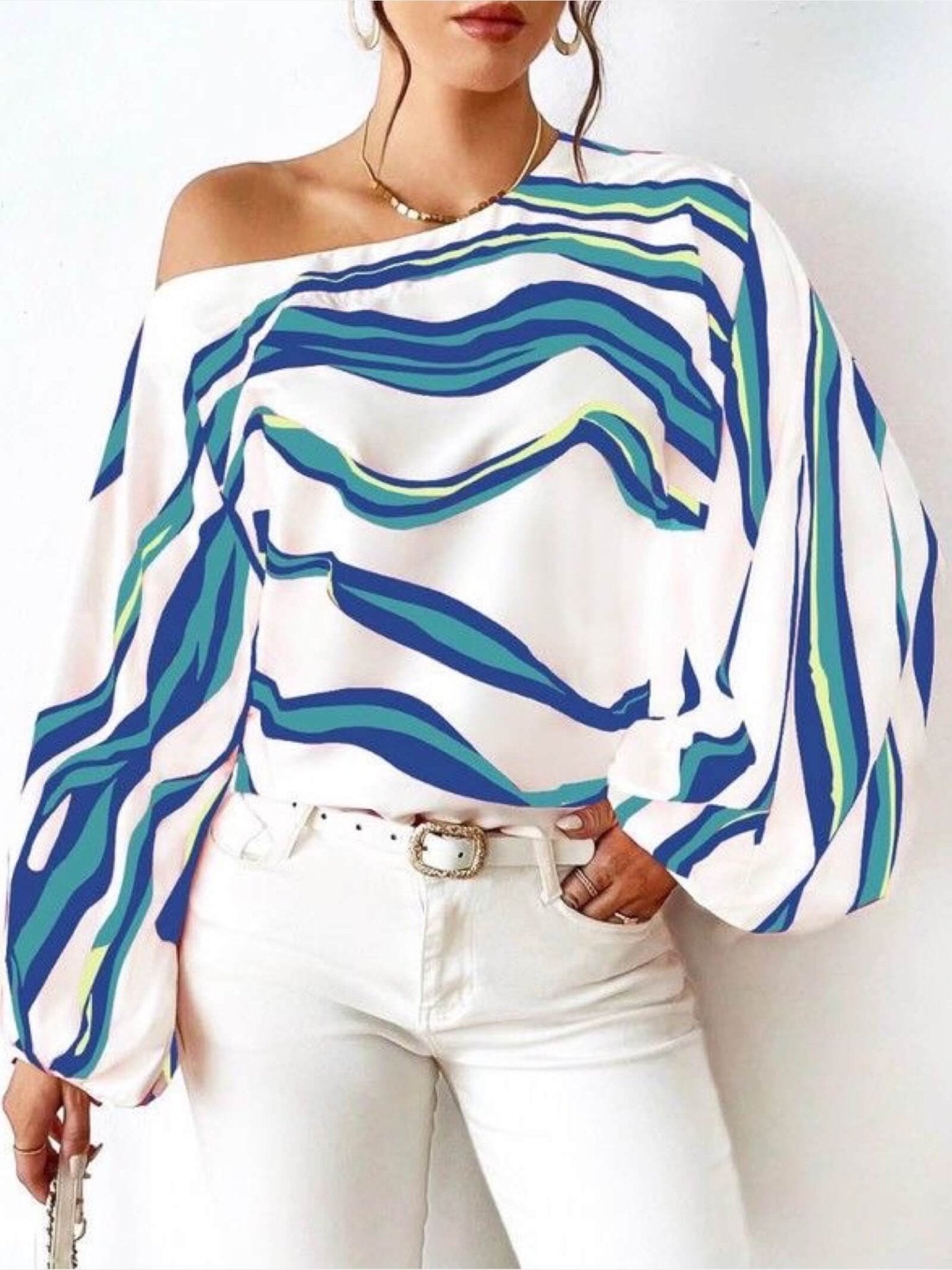 Aurora Wave One - Shoulder Tops - Red &amp; Blue Abstract Striped Balloon Sleeve Top Legacy Boutiques Legacy Boutiques