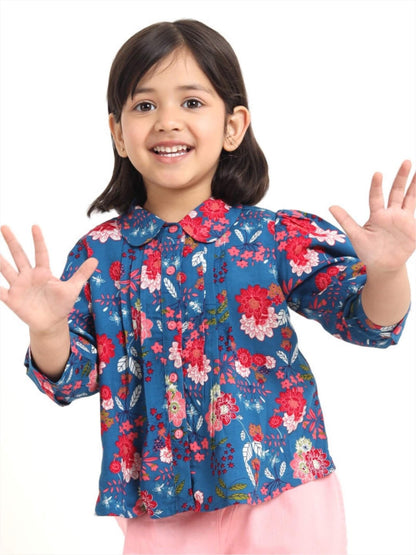 Azure Bloom Girls Peter Pan Collar Pleated Floral Print Shirt - Blue Legacy Boutiques Legacy Boutiques