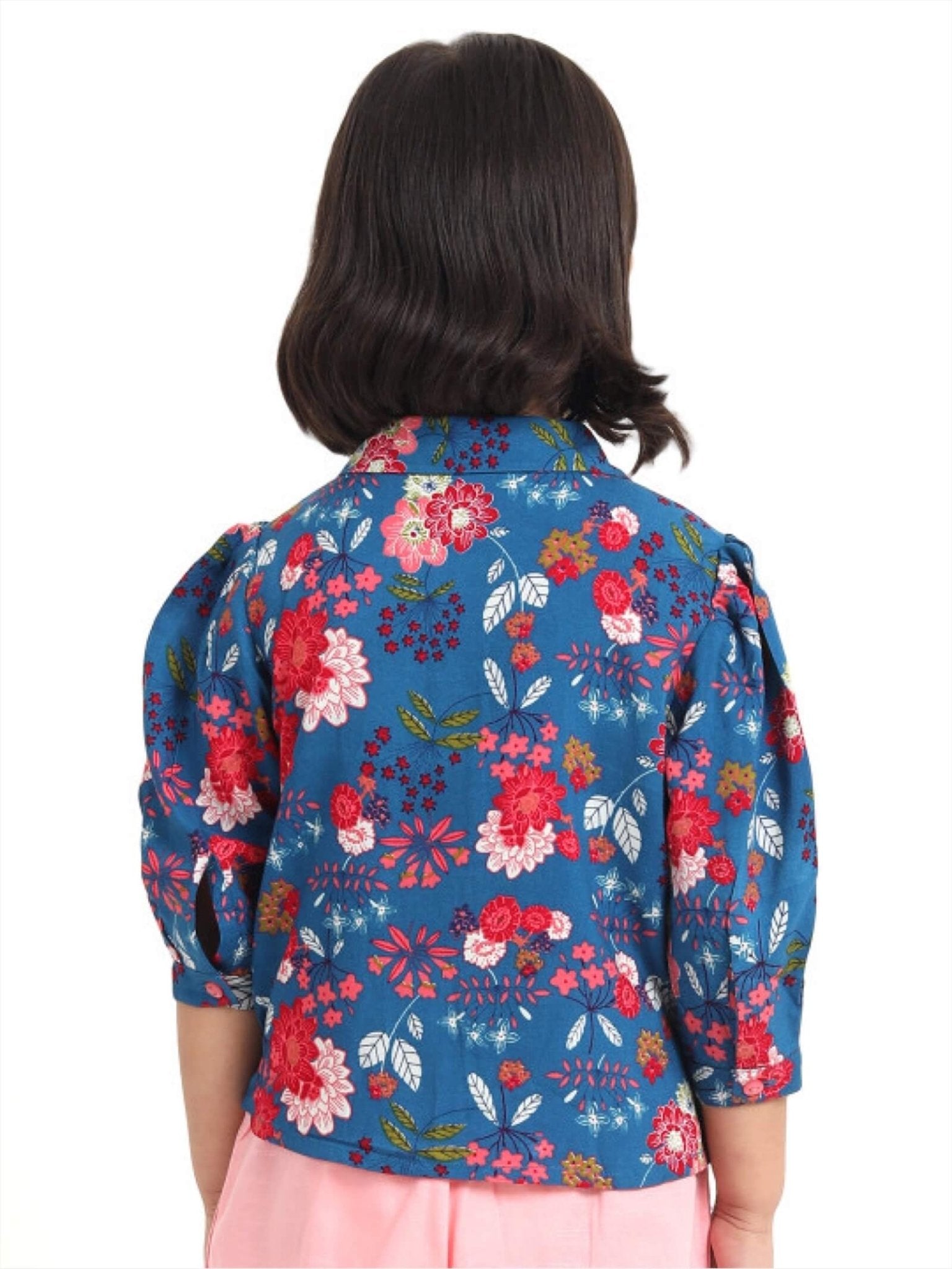 Azure Bloom Girls Peter Pan Collar Pleated Floral Print Shirt - Blue Legacy Boutiques Legacy Boutiques