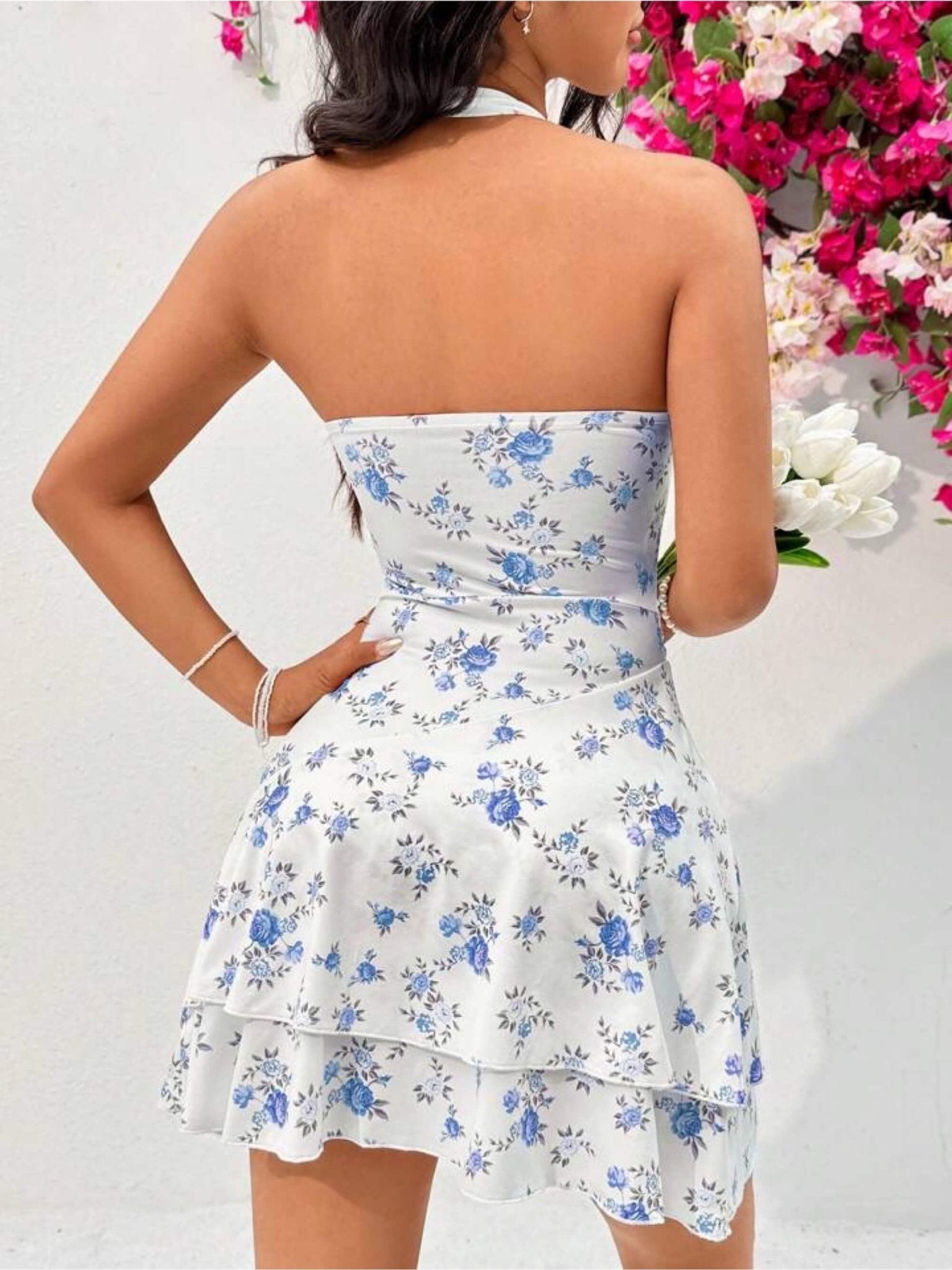 Azure Bloom White and Blue Floral Halter Mini Dress with Tiered Ruffle Hem Legacy Boutiques Legacy Boutiques