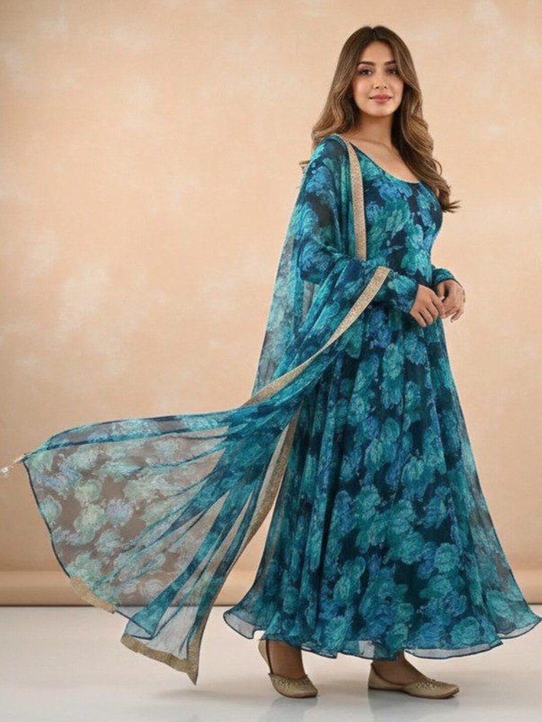 Azure Petal Long Sleeve Teal Floral 2 pis Gown Legacy Boutiques Legacy Boutiques